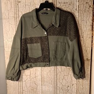Simple Olive Green and Leopard Print Jean Jacket